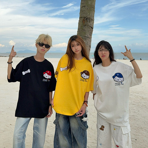 美式复古狗狗刺绣魔术贴短袖T恤