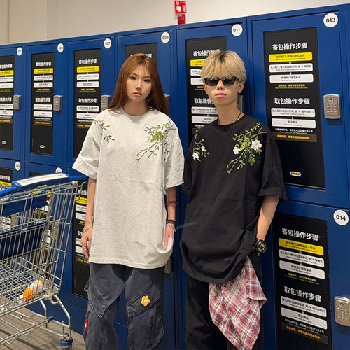 美式重工字母刺绣短袖T恤男女