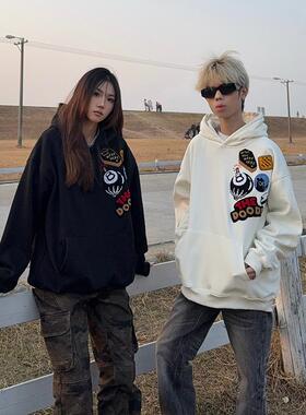 126KID 国潮美式复古植绒刺绣加绒加厚连帽卫衣男女宽松街头帽衫