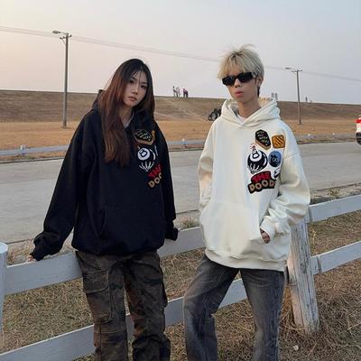 126KID 国潮美式复古植绒刺绣加绒加厚连帽卫衣男女宽松街头帽衫