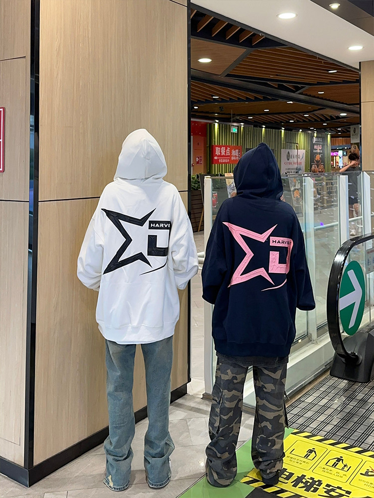 126kid 美式复古星星图案印花连帽卫衣男秋季休闲情侣上衣帽衫潮