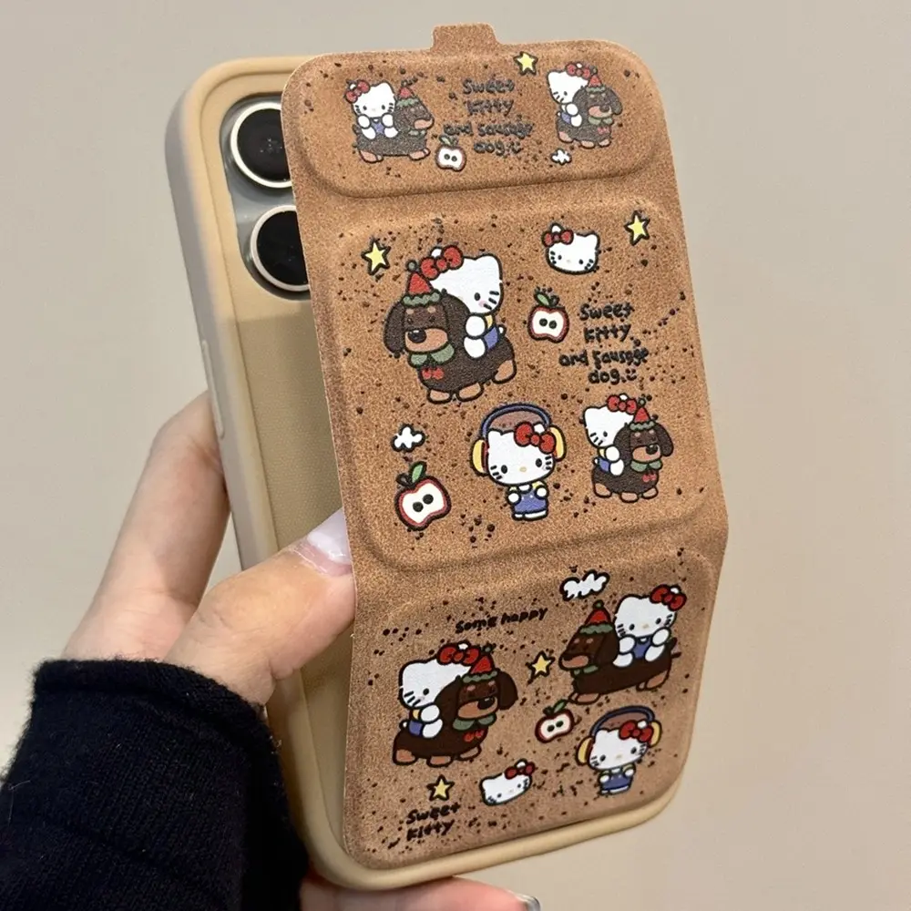 ins可爱棕底骑狗KT适用iphone16promax手机壳苹果15pro折叠支架13