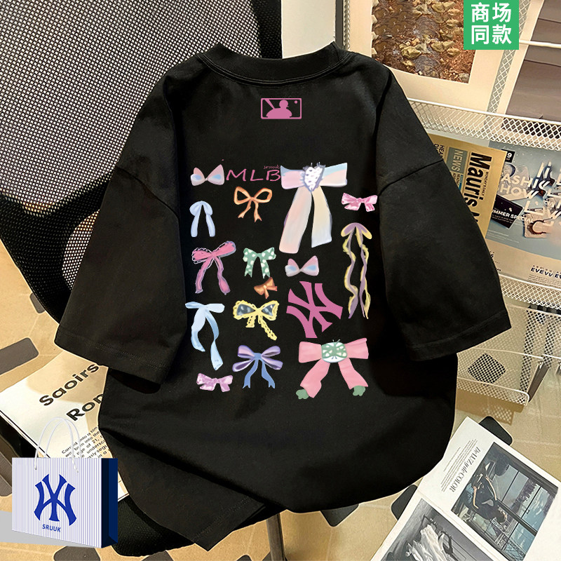 粉色蝴蝶结圆领短袖t恤女生