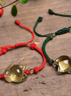 天然黄水晶狐狸手链青丘洞萌狐招财桃黄水晶大头狐手工编花男女款