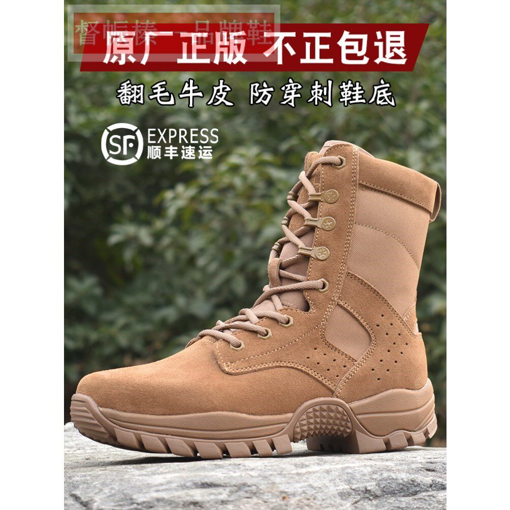 正版新款棕色作战训靴男真牛皮透气高帮沙漠靴防穿刺侧拉链户外靴