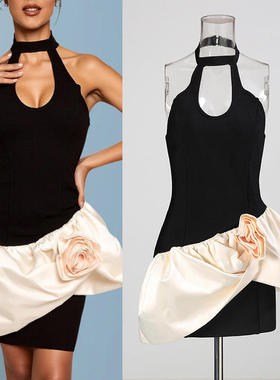 新款名媛风黑色拼接撞色无袖露背纯色短裙2026春季连衣裙单件中腰