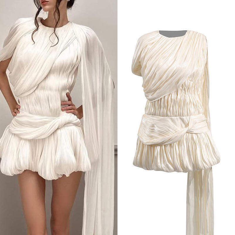 新款 慵懒休闲性感风压褶裙 春季高级感灵动水波纹飘带连衣裙女
