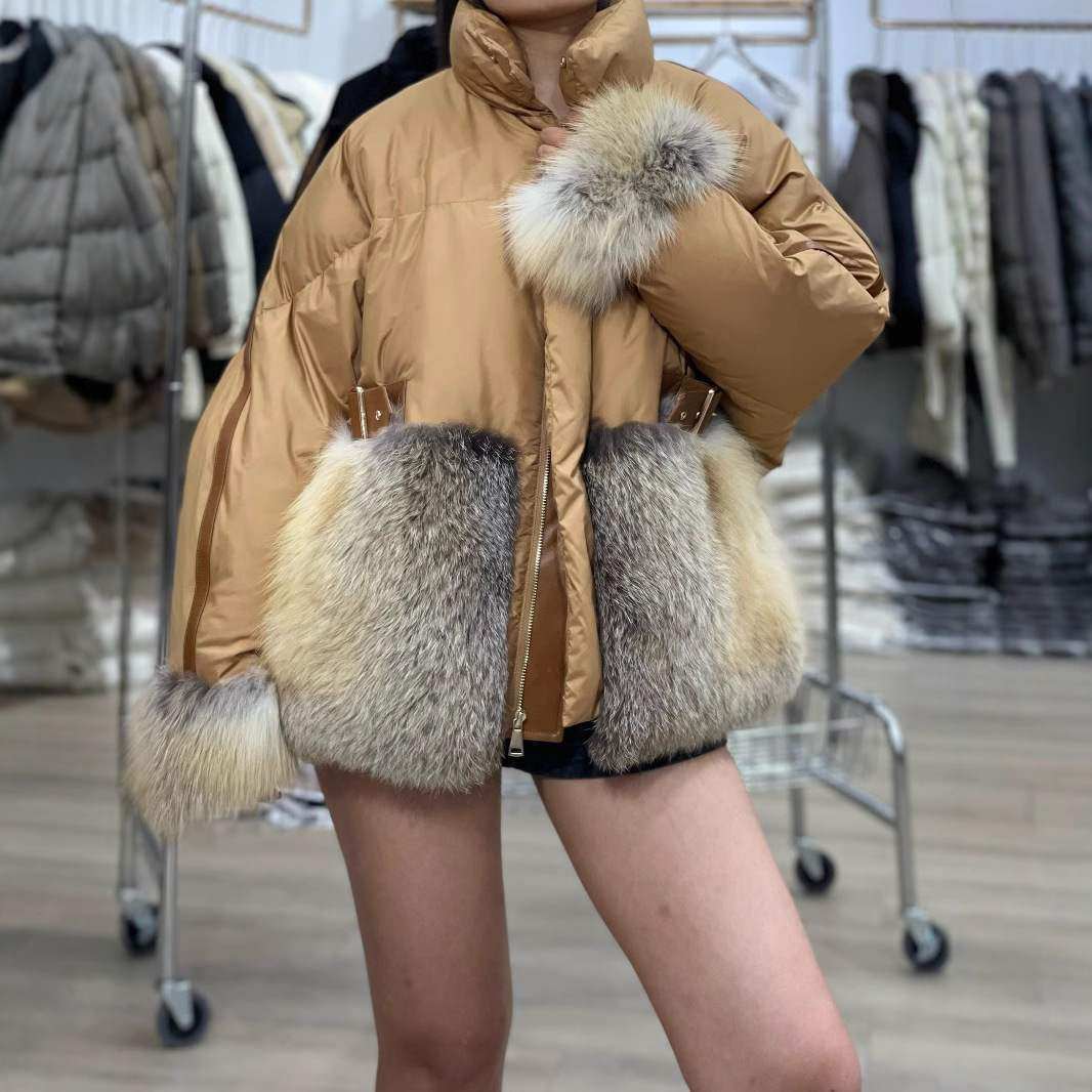 新款欧货高端鹅绒羽绒服女短款冬季显瘦狐狸毛大口袋海宁外套皮草