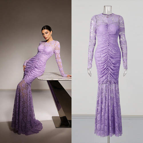 紫调肌理蕾丝透视款修身鱼尾裙礼服长裙2026春季连衣裙女常规袖