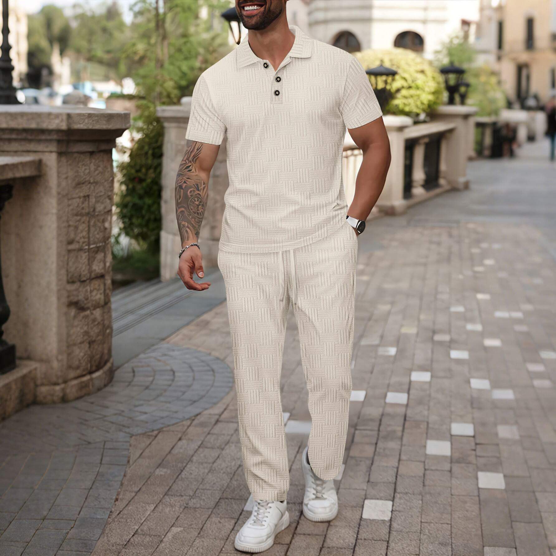 新款 跨境男装夏季欧美提花男士翻领POLO衫短袖长裤休闲套装男T恤