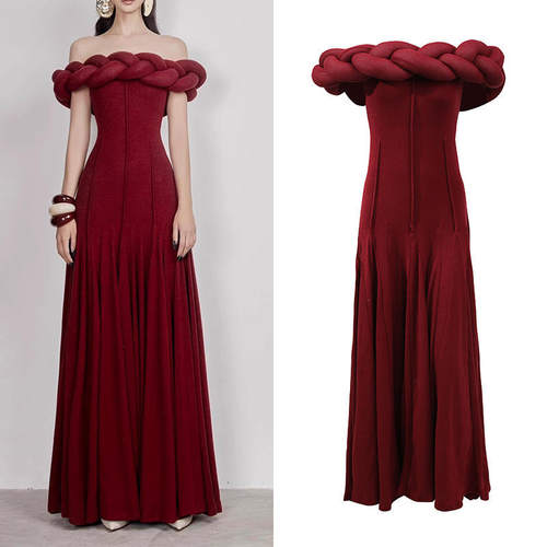 御姐风礼服裙2026春季性感一字肩编织麻花设计连衣裙KDR536850x