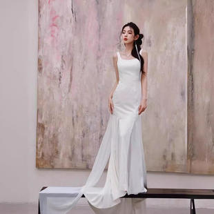 晚礼服2024美术馆之梦 新款 高级感缎面露背拖尾连衣裙晨袍小礼服