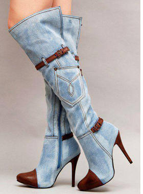 新款 外贸女士牛仔大码长靴拼接高跟及膝靴成都厂家demin 时装靴