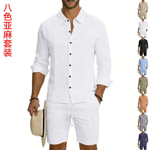 跨境美式夏季男士亚麻宽松休闲长袖衬衫多口袋工装短裤套装青年