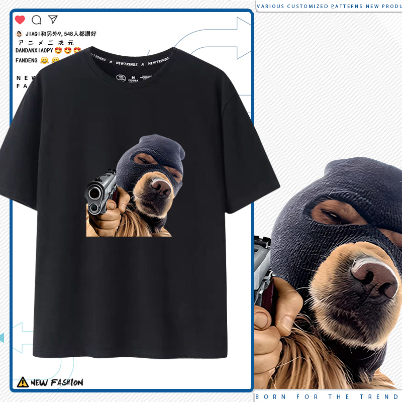 情侣狗狗个性印花短袖T恤宽松百搭打底男女同款青少年圆领上衣LN