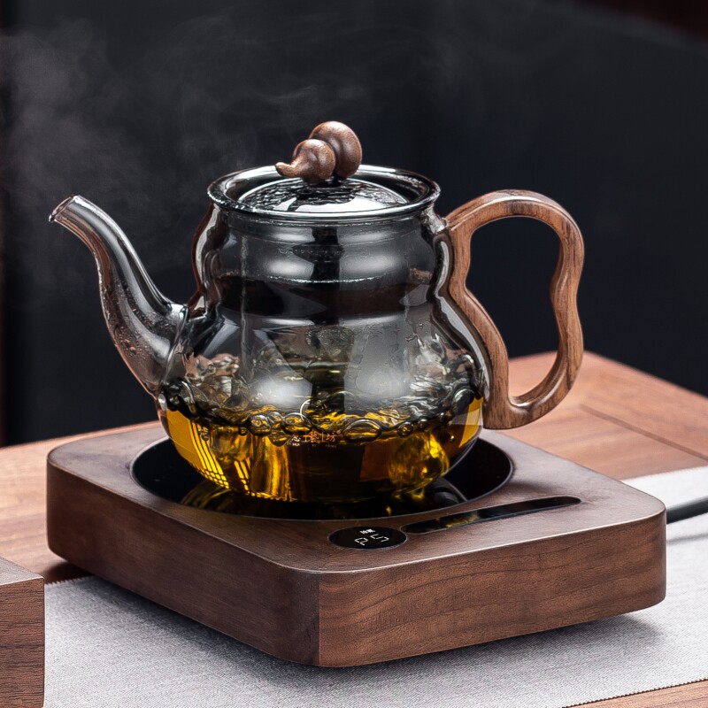 耐热玻璃蒸茶壶葫芦茶具迷你木制电陶炉煮茶器套装蒸汽养生壶保温