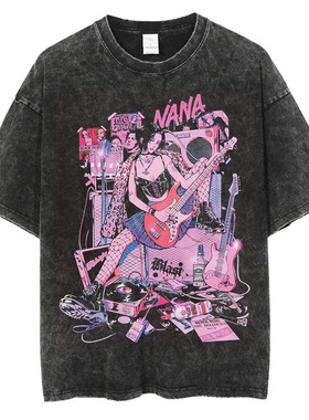新款卡通动漫NANA原宿街头服饰印花水洗做旧复古短袖T恤美式棉