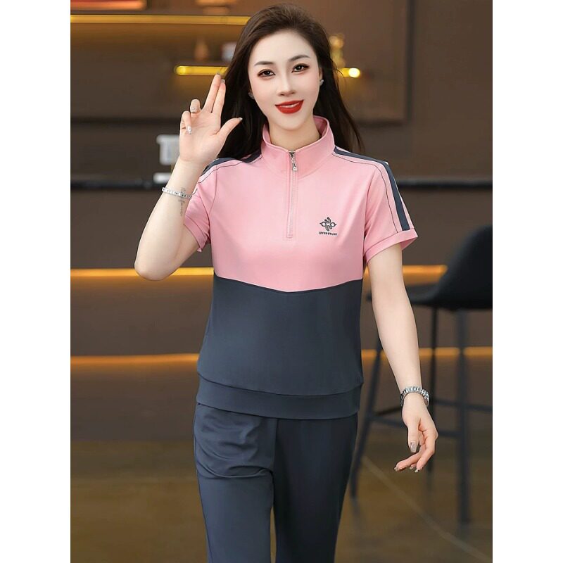 运动套装女2026夏季新款时尚拼色短袖立领显瘦休闲跑步服两件套潮