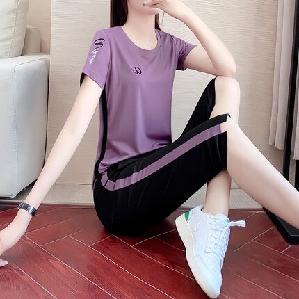 冰丝休闲运动服套装女2026夏季新款时尚减龄显瘦短袖七分裤两件套