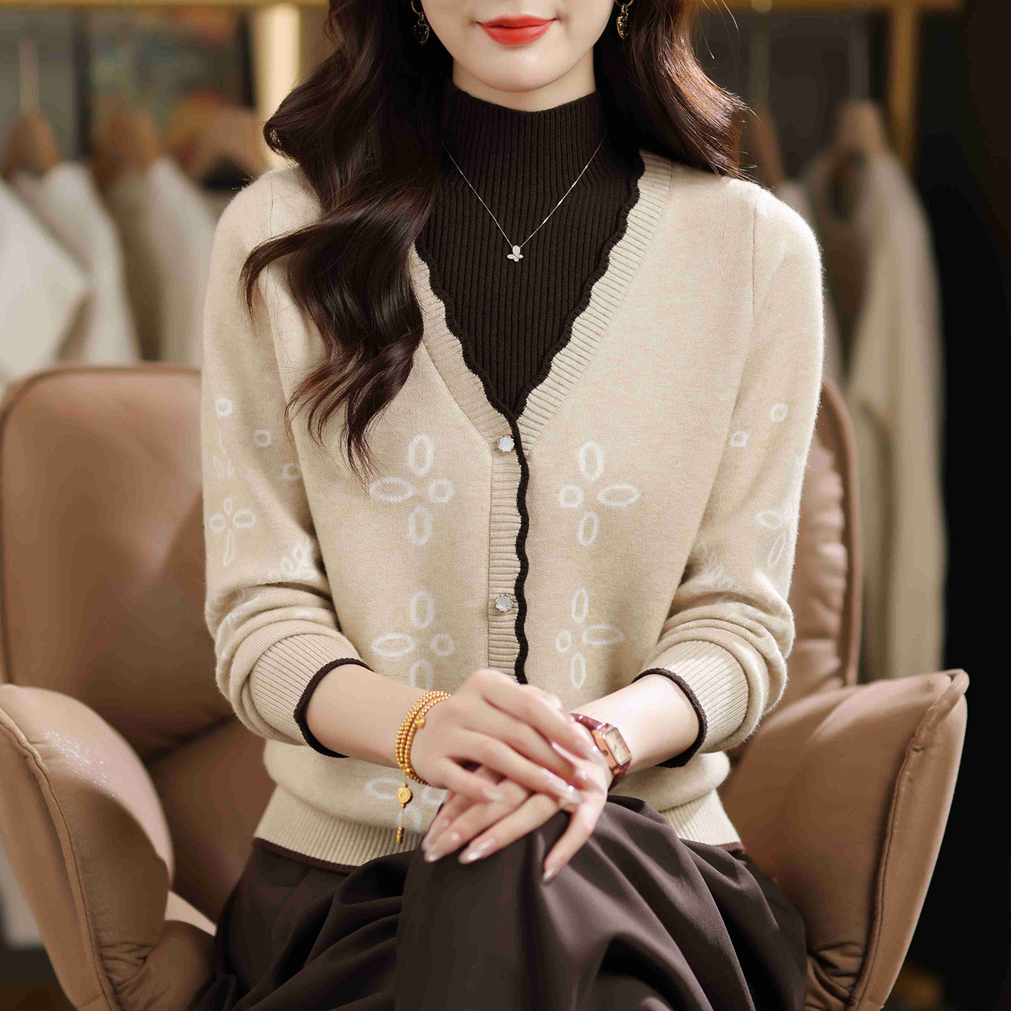 半高领女士时尚宽松大码毛针织衫