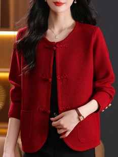 中国风复古外搭开衫女秋冬气质盘扣红毛衣上衣新中式短款针织外套