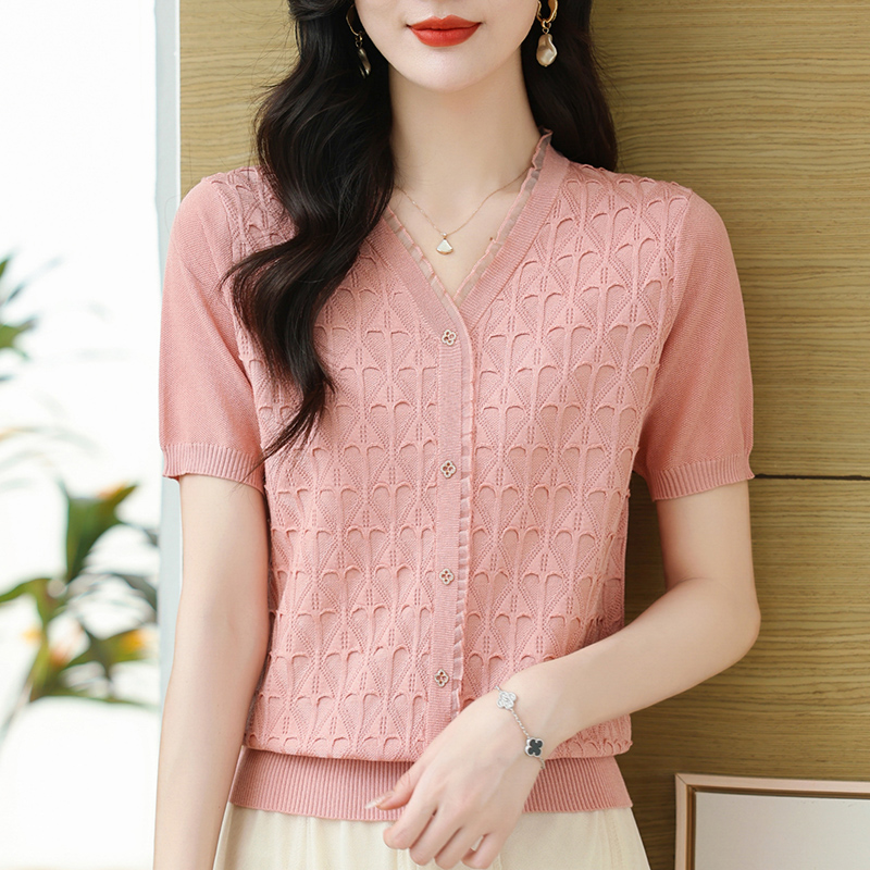 中年短袖t恤女2024新款妈妈装宽松蕾丝打底衫夏季v领针织冰丝上衣