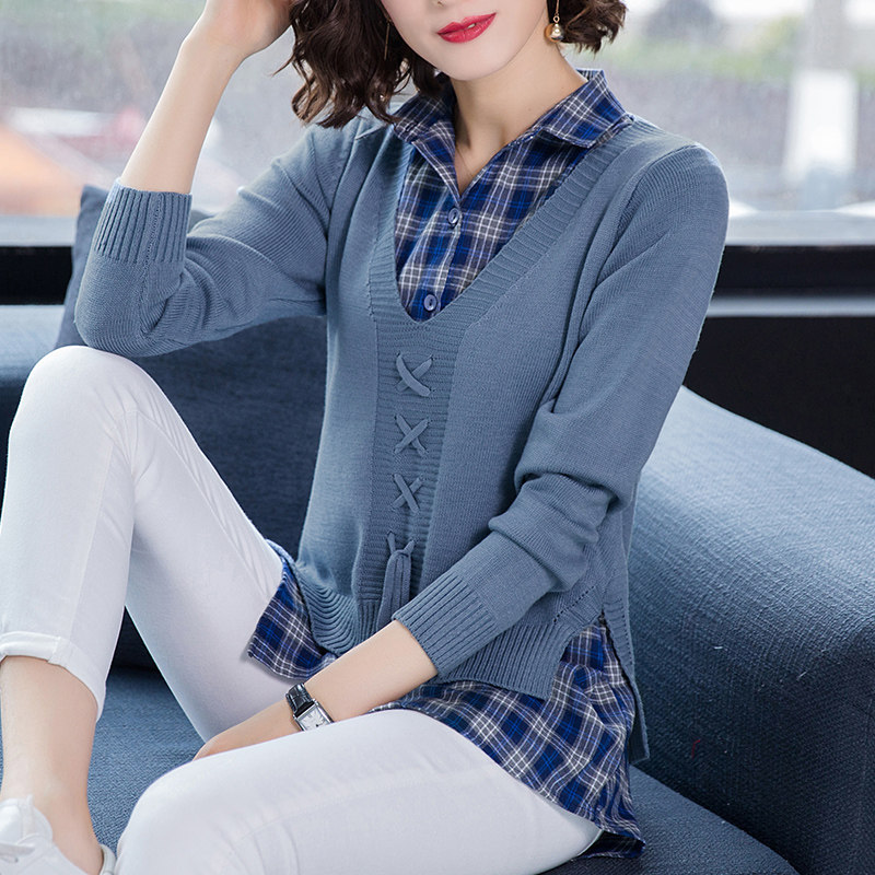 早春新款韩版宽松假两件套针织衫女上衣格子衬衣领长袖外搭薄短款