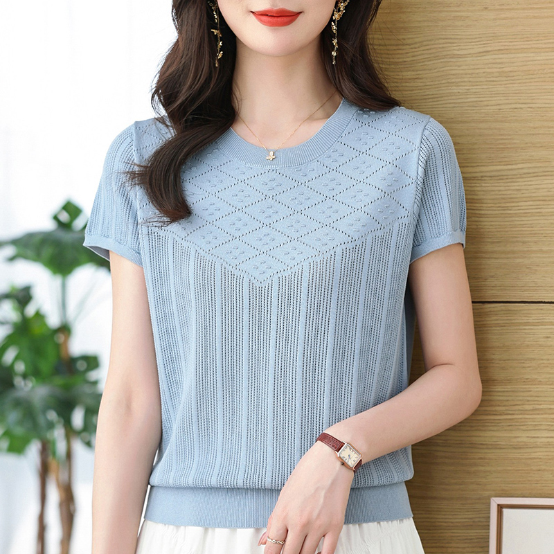 2025年新款夏季t恤女薄款短袖宽松冰丝妈妈针织体恤上衣小衫夏装