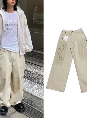 原标AC家25ss泼墨做旧脏白色牛仔新贵废土风皮制屁兜泥染擦脏长裤