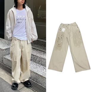 原标AC家25ss泼墨做旧脏白色牛仔新贵废土风皮制屁兜泥染擦脏长裤