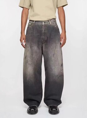 原标AC风格24s洗水黑泼墨涂绘宽松阔腿直筒版型牛仔裤Baggy长裤潮