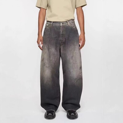 原标AC风格24s洗水黑泼墨涂绘宽松阔腿直筒版型牛仔裤Baggy长裤潮