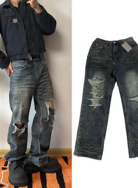 B家23SS蓝色糜烂泥染刀割破坏直筒宽松牛仔裤 wookvibe同款巴黎风