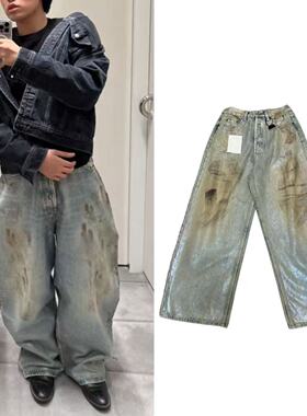 原标AC风格25ss新款 重工电镀人鱼姬五彩涂层 做旧泼墨水洗牛仔裤
