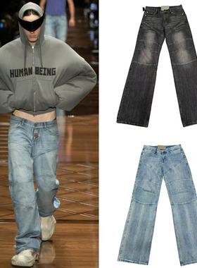 B家25fw 秀场同款baggy廓形直筒水洗蓝色牛仔裤巴黎风格男女潮裤