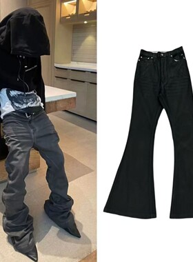 原标RO风做旧水洗黑灰涂层刷蜡裤高街显瘦微喇叭堆积感牛仔裤潮男