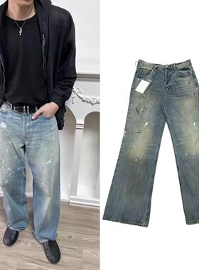 AC风格24SS涂鸦泼墨泥染印花蓝色牛仔裤日常休闲通勤宽松直筒长裤