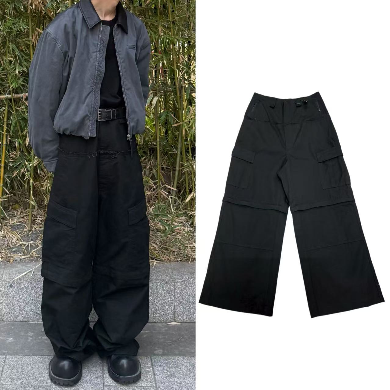 双腰拼接巴黎风格可拆卸工装裤