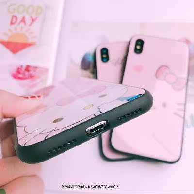 可爱卡通蝴蝶结猫iPhone7/8/X玻璃手机壳苹果6sp镜面外壳6s挂绳女