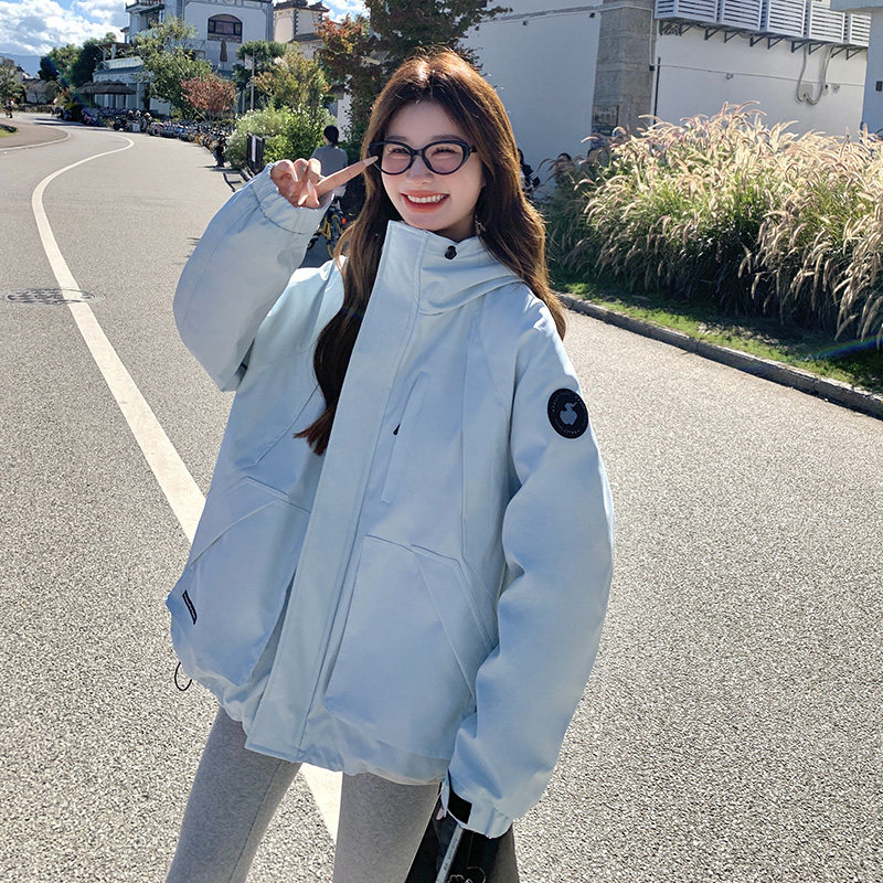 高级感蓝色连帽冲锋衣羽绒服女冬2024新款超好看加厚90白鸭绒外套,女装羽绒服,2C301