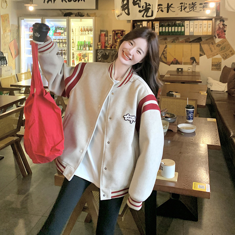 灰色韩版学院风bf棒球白鸭绒羽绒服女冬新款小个子加厚美式短外套图片