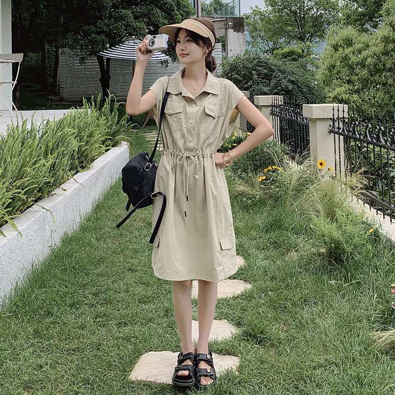 甜酷风工装连衣裙女2025夏季新款韩系时尚休闲收腰显瘦polo衬衫裙,女装连衣裙,2C301