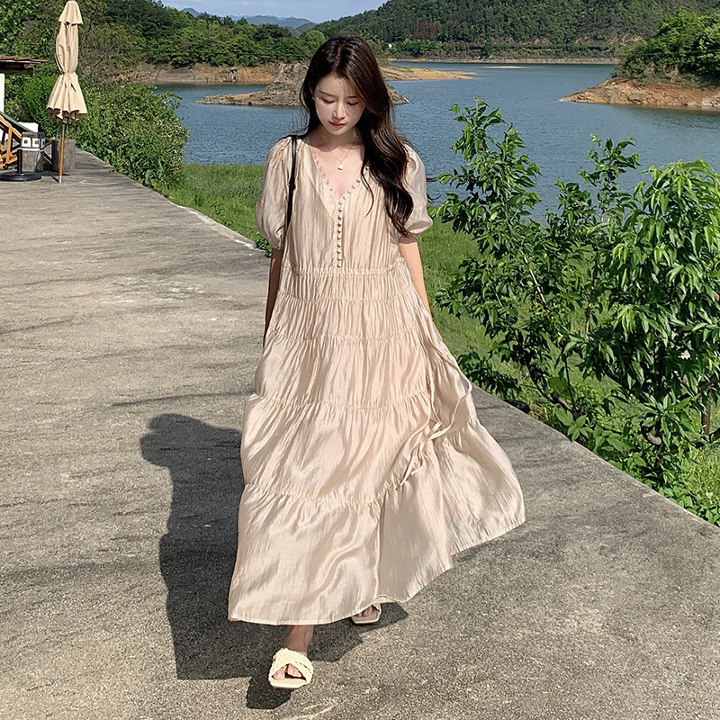法式浪漫天丝连衣裙女2025夏季新款高级感气质v领宽松遮肉长裙子,女装连衣裙,2C301