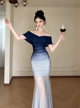 高级感一字肩礼服裙女秋冬新款蓝色生日party小礼服晚宴气质长裙