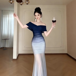 高级感一字肩礼服裙女秋冬新款蓝色生日party小礼服晚宴气质长裙