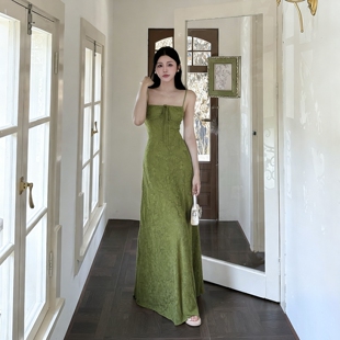 长裙 复古设计感绑带修身 INSTUNNING 度假风绿色吊带连衣裙女法式