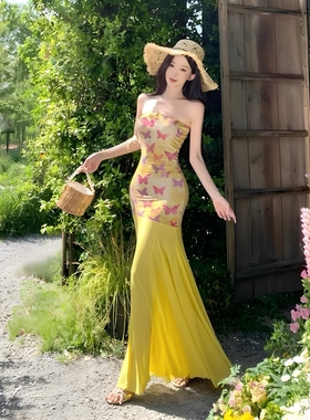 黄色蝴蝶仙子气质网纱抹胸女夏季御姐高级感收腰包臀一字肩长裙子