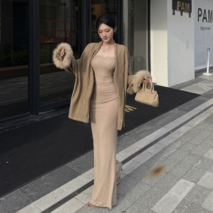 instunning御姐风蕾丝拼接内搭连衣裙女秋冬新款 毛毛外套 针织开衫