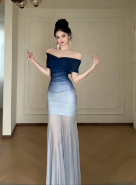 高级感一字肩礼服裙女春夏新款蓝色生日party小礼服晚宴气质长裙