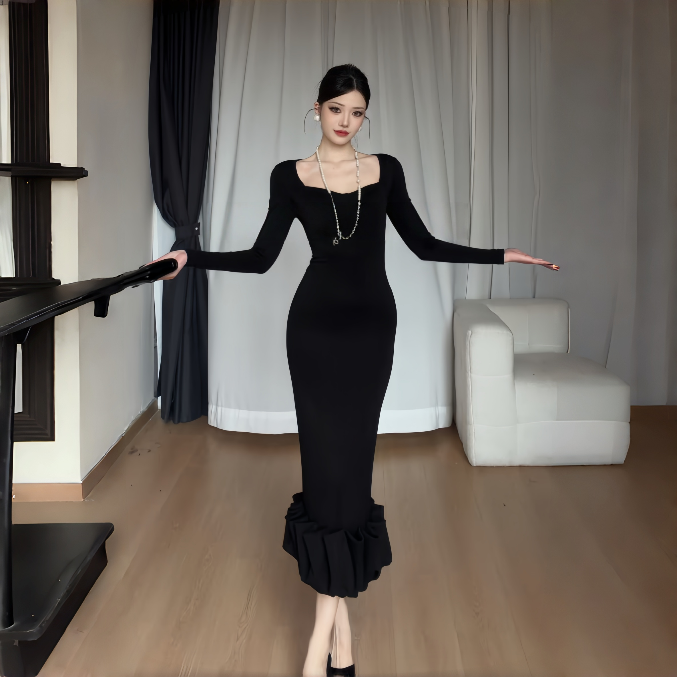 instunning法式气质赫本风方领包臀裙女秋冬修身黑色长袖连衣裙子